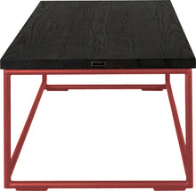 Load image into Gallery viewer, Crimson red metal table with black stain ash wood made in UK - side view round frame
