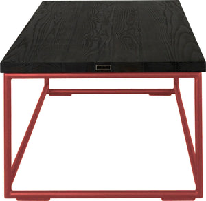 Crimson red metal table with black stain ash wood made in UK - side view round frame