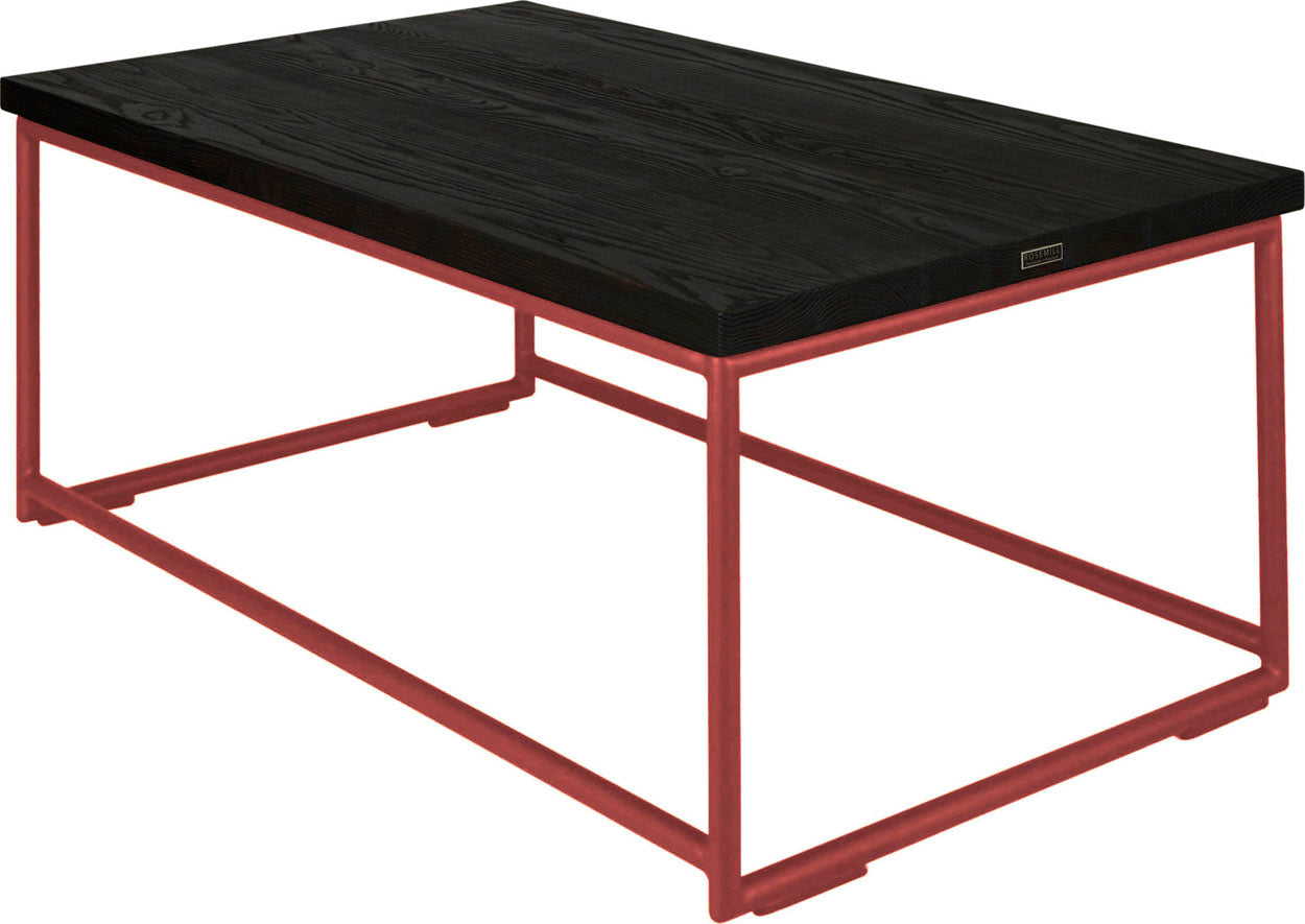 Crimson red metal table with black stain ash wood made in UK - back side view round frame