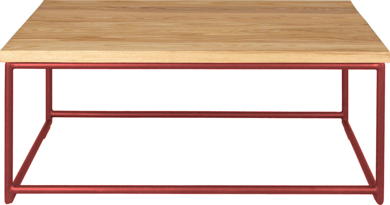 Crimson red metal table with natural stain ash wood made in UK - front view round frame