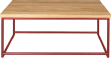 Load image into Gallery viewer, Crimson red metal table with natural stain ash wood made in UK - front view round frame
