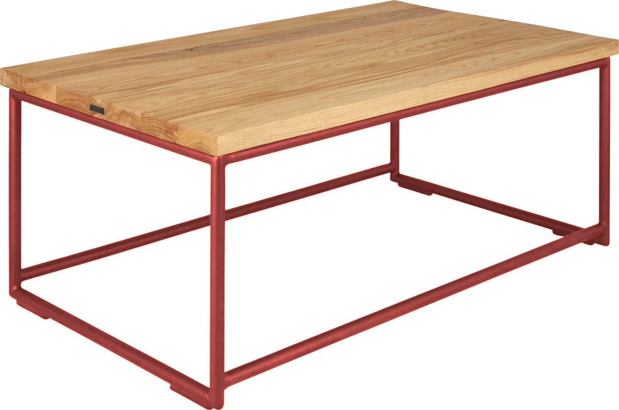 Crimson red metal table with natural stain ash wood made in UK - angle view round frame