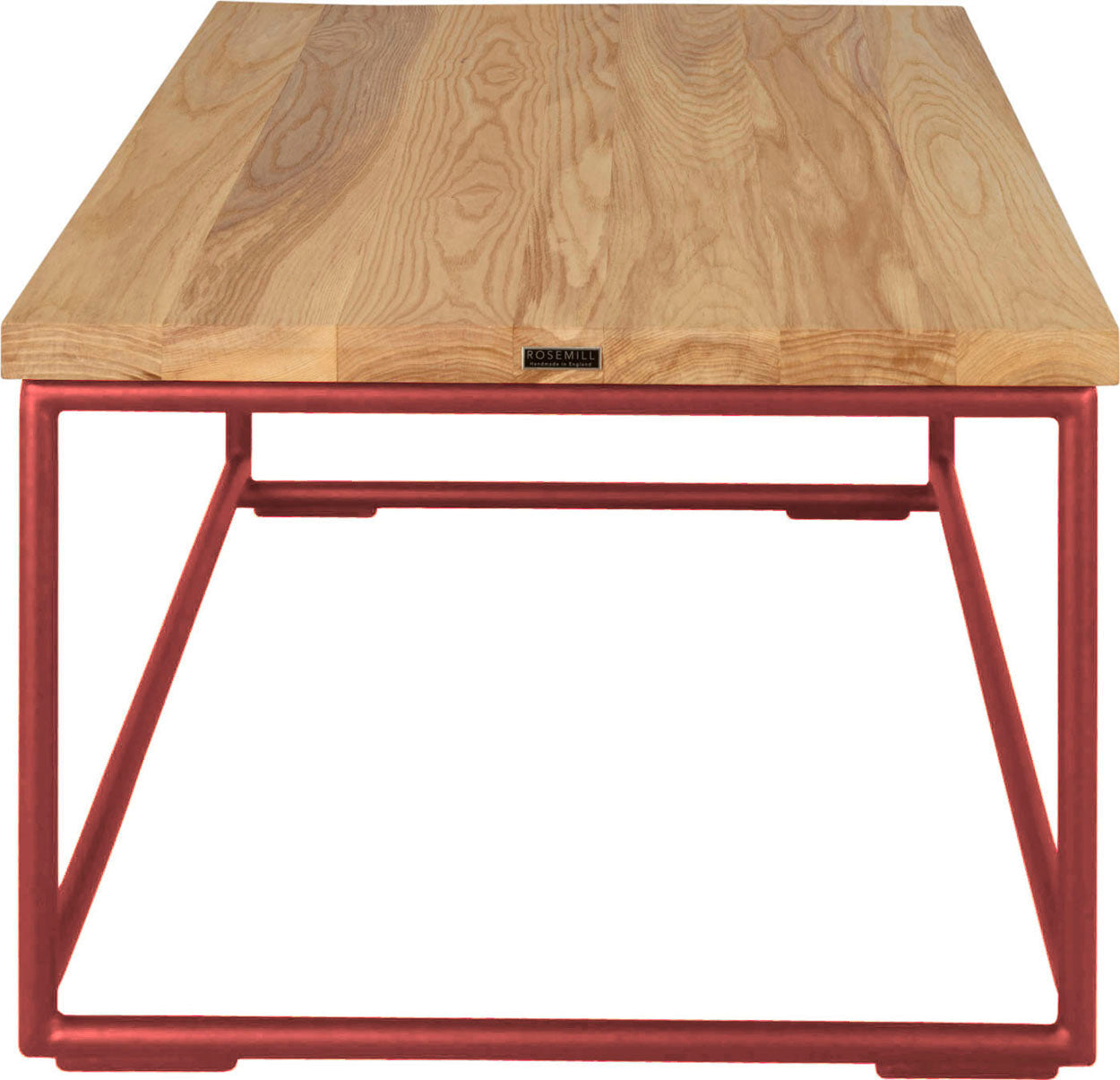 Crimson red metal table with natural stain ash wood made in UK - side view round frame