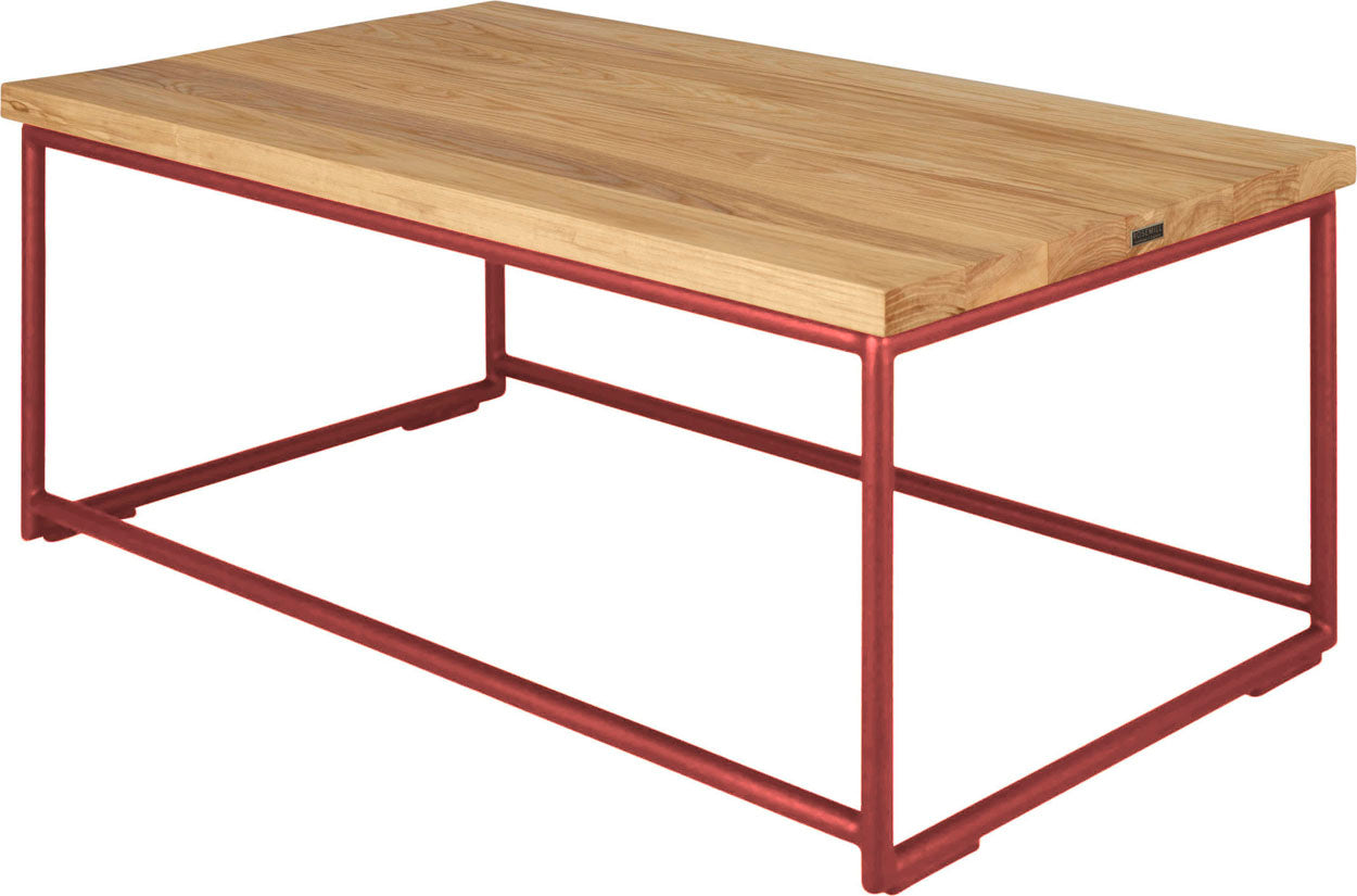 Crimson red metal table with natural stain ash wood made in UK - back side view round frame