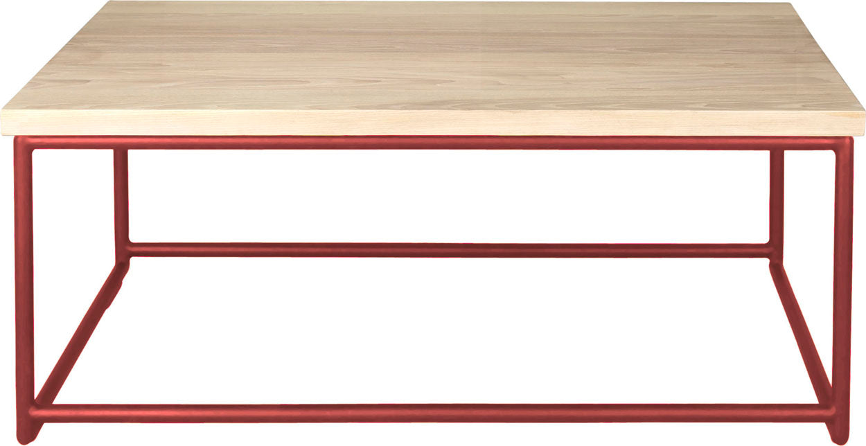 Crimson red metal table with whitewash stain ash wood made in UK - front view round frame