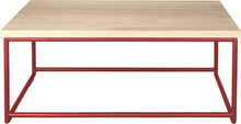 Load image into Gallery viewer, Crimson red metal table with whitewash stain ash wood made in UK - front view round frame

