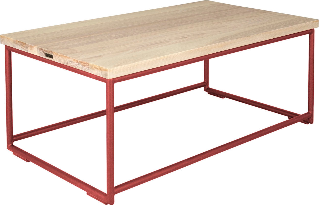 Crimson red metal table with whitewash stain ash wood made in UK - angle view round frame