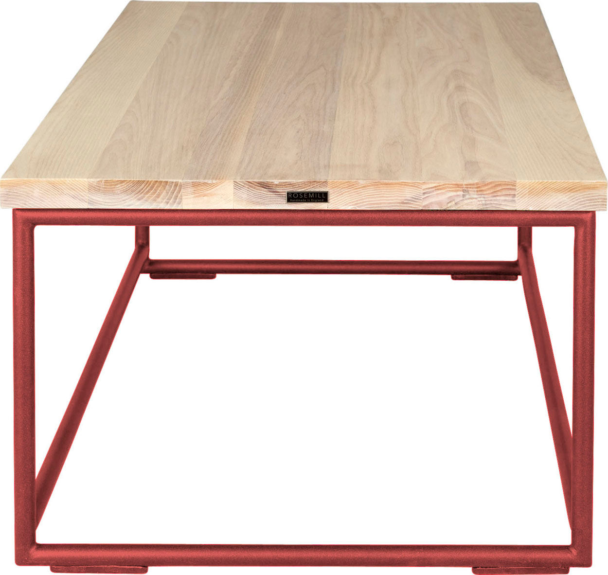 Crimson red metal table with whitewash stain ash wood made in UK - side view round frame