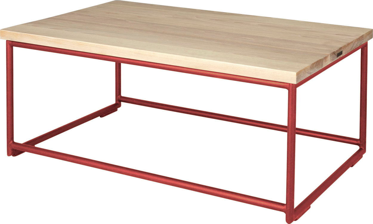 Crimson red metal table with whitewash stain ash wood made in UK - back side view round frame