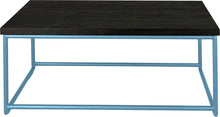 Load image into Gallery viewer, Duck-egg blue metal table with black stain ash wood made in UK - front view round frame
