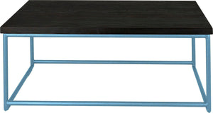 Duck-egg blue metal table with black stain ash wood made in UK - front view round frame