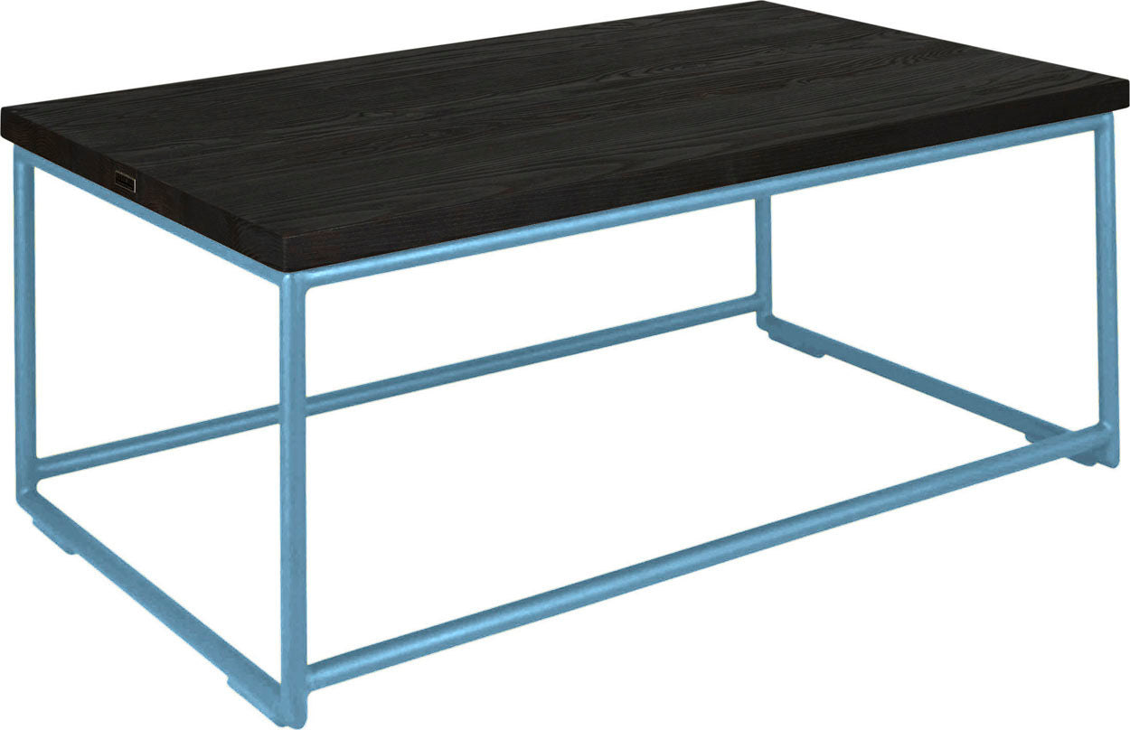 Duck-egg blue metal table with black stain ash wood made in UK - angle view round frame