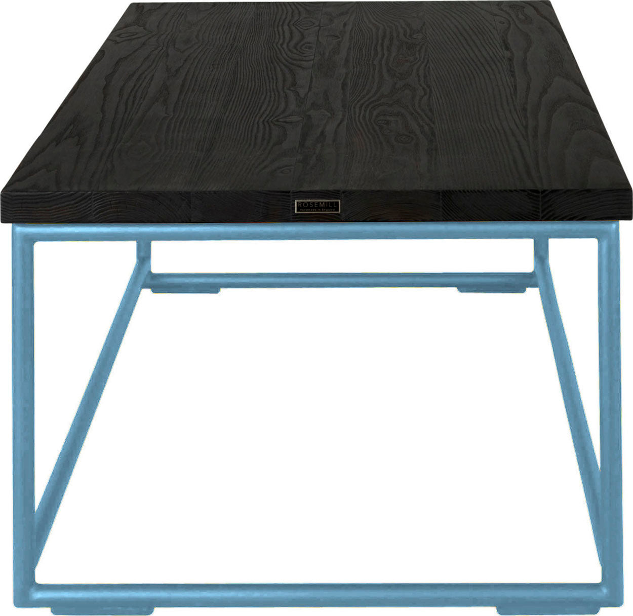 Duck-egg blue metal table with black stain ash wood made in UK - side view round frame