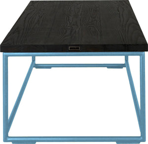 Duck-egg blue metal table with black stain ash wood made in UK - side view round frame