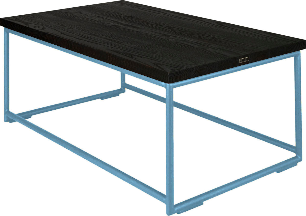 Duck-egg blue metal table with black stain ash wood made in UK - back side view round frame