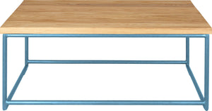 Duck-egg blue metal table with natural stain ash wood made in UK - front view round frame
