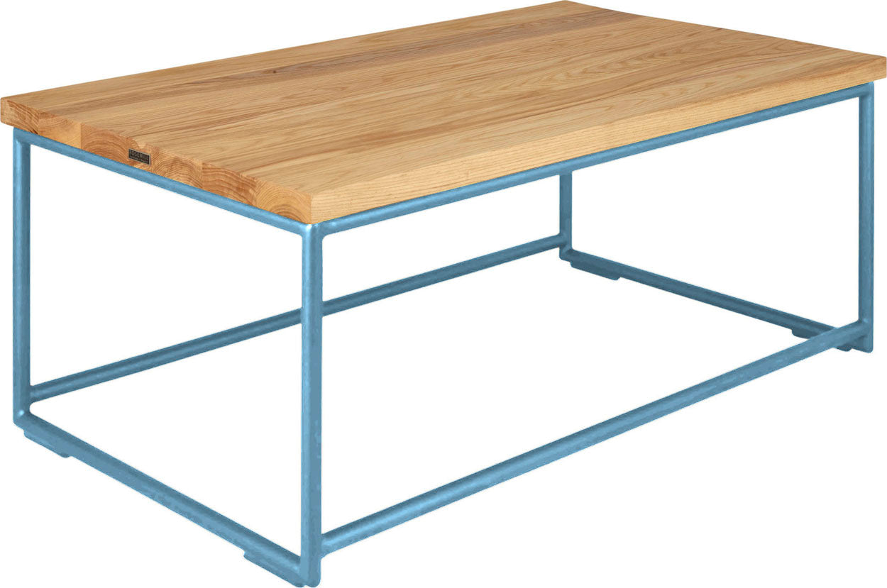 Duck-egg blue metal table with natural stain ash wood made in UK - angle view round frame