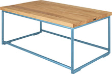 Load image into Gallery viewer, Duck-egg blue metal table with natural stain ash wood made in UK - back side view round frame
