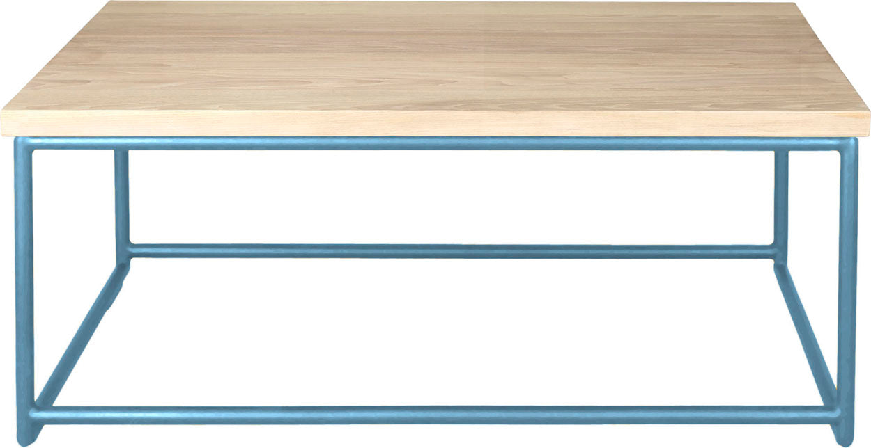 Duck-egg blue metal table with whitewash stain ash wood made in UK - front view round frame