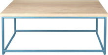 Load image into Gallery viewer, Duck-egg blue metal table with whitewash stain ash wood made in UK - front view round frame
