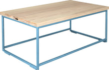 Load image into Gallery viewer, Duck-egg blue metal table with whitewash stain ash wood made in UK - angle view round frame
