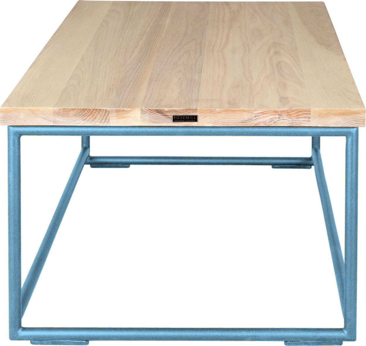 Duck-egg blue metal table with whitewash stain ash wood made in UK - side view round frame