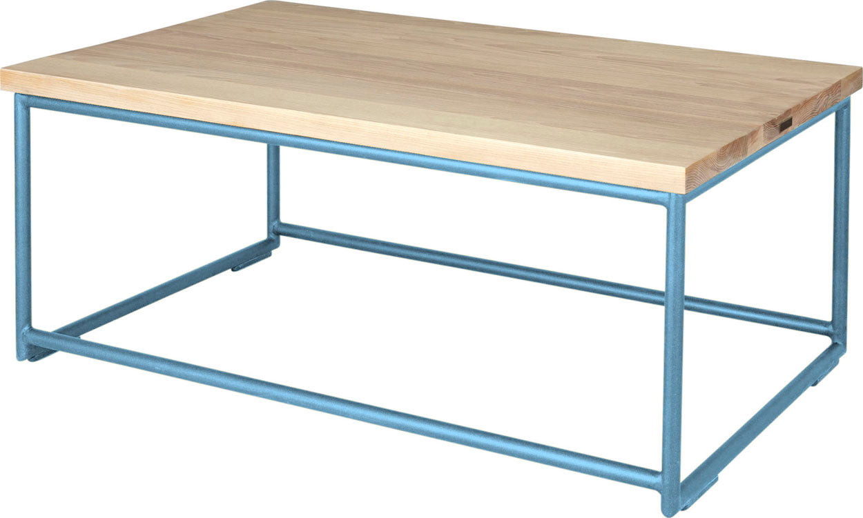 Duck-egg blue metal table with whitewash stain ash wood made in UK - back side view round frame