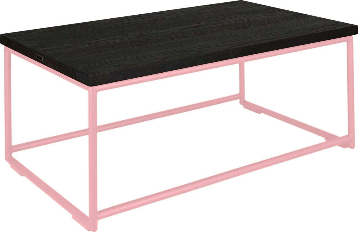 Pink metal table with black stain ash wood made in UK - angle view round frame
