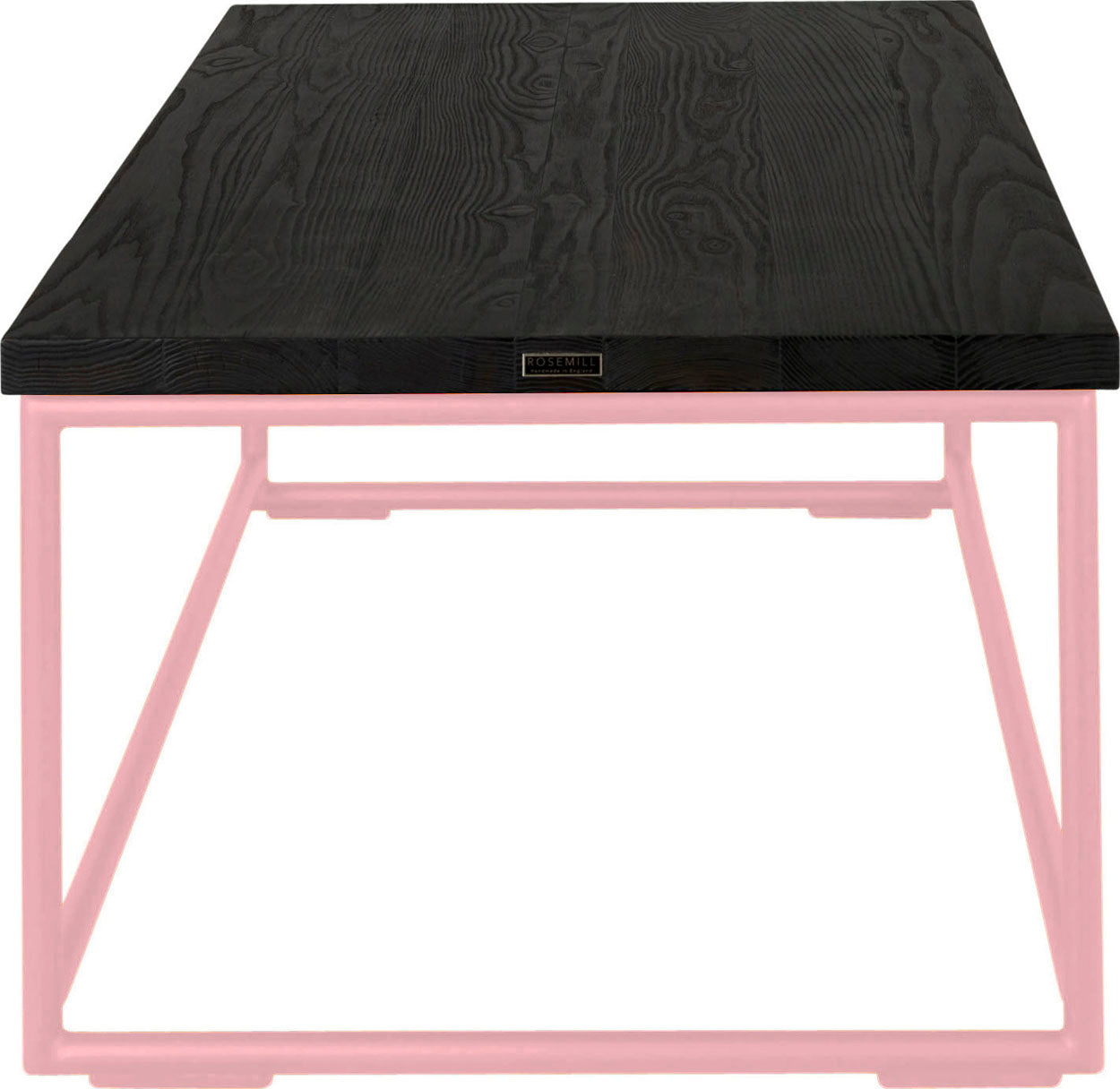 Pink metal table with black stain ash wood made in UK - side view round frame