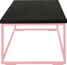 Load image into Gallery viewer, Pink metal table with black stain ash wood made in UK - side view round frame
