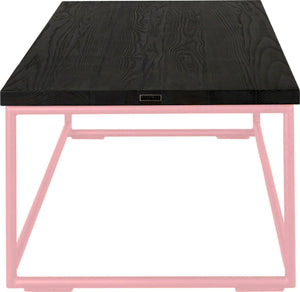 Pink metal table with black stain ash wood made in UK - side view round frame