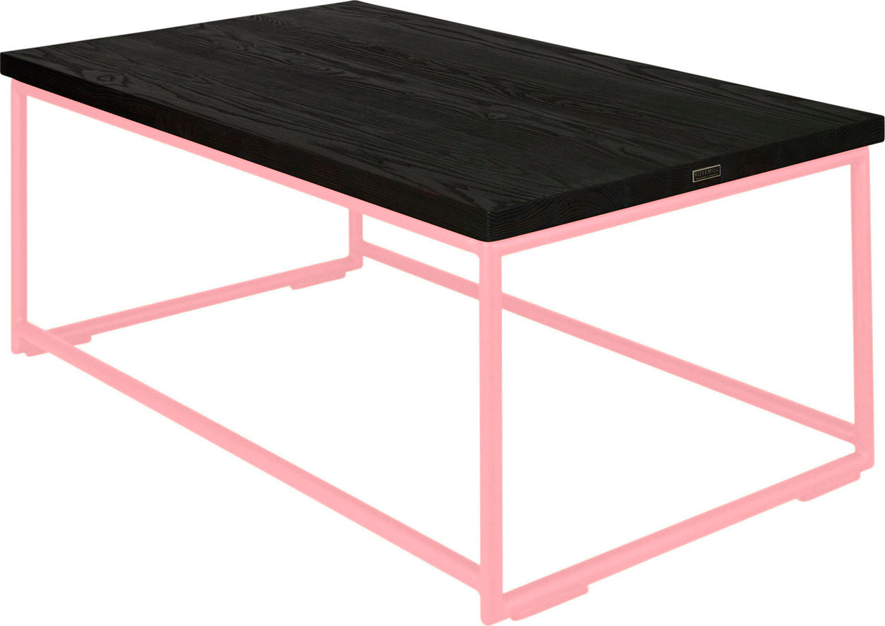 Pink metal table with black stain ash wood made in UK - back side view round frame