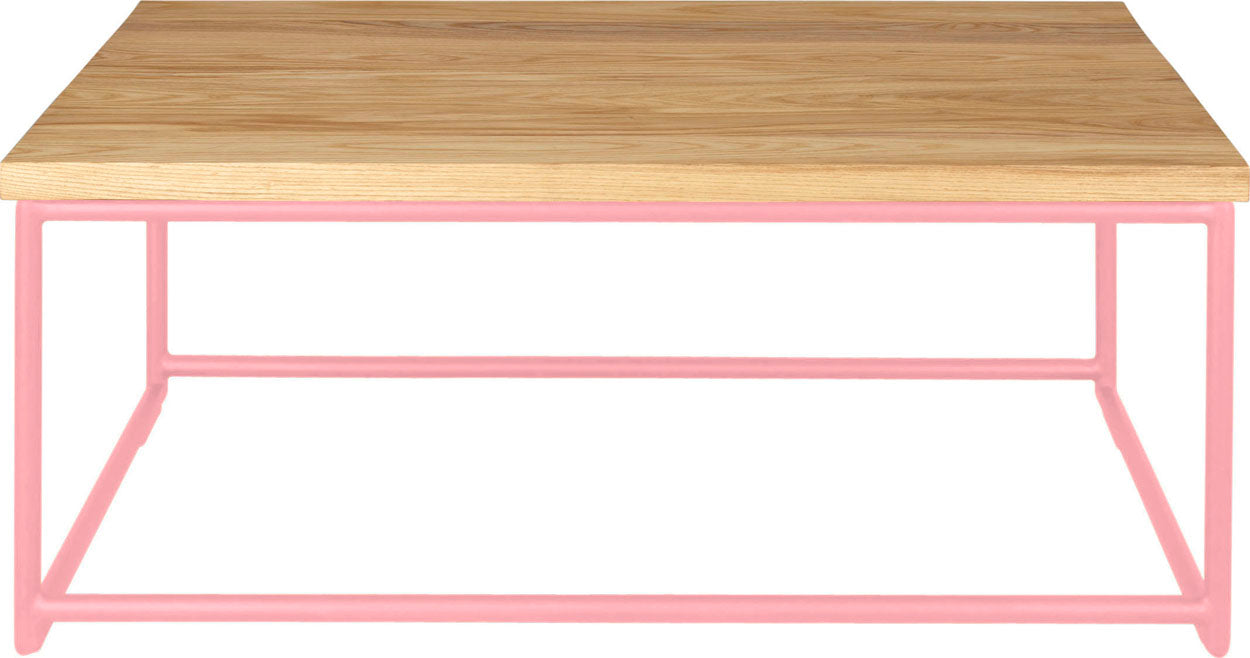 Pink metal table with natural stain ash wood made in UK - front view round frame