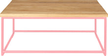 Load image into Gallery viewer, Pink metal table with natural stain ash wood made in UK - front view round frame
