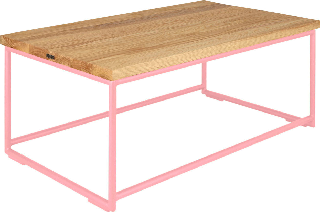 Pink metal table with natural stain ash wood made in UK - angle view round frame