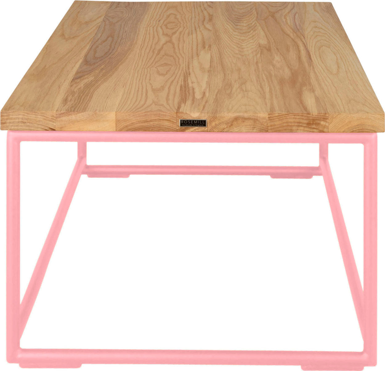 Pink metal table with natural stain ash wood made in UK - side view round frame