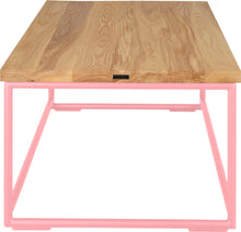 Load image into Gallery viewer, Pink metal table with natural stain ash wood made in UK - side view round frame
