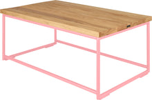 Load image into Gallery viewer, Pink metal table with natural stain ash wood made in UK - back side view round frame
