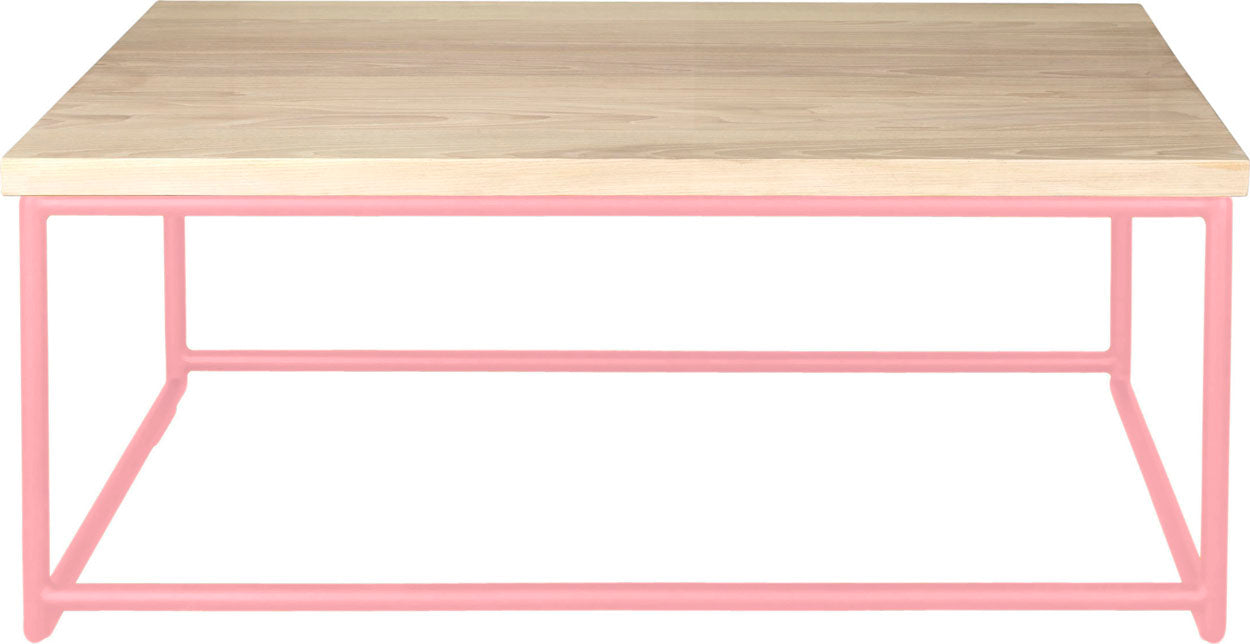 Pink metal table with whitewash stain ash wood made in UK - front view round frame