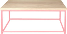 Load image into Gallery viewer, Pink metal table with whitewash stain ash wood made in UK - front view round frame
