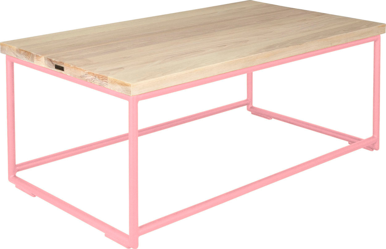 Pink metal table with whitewash stain ash wood made in UK - angle view round frame