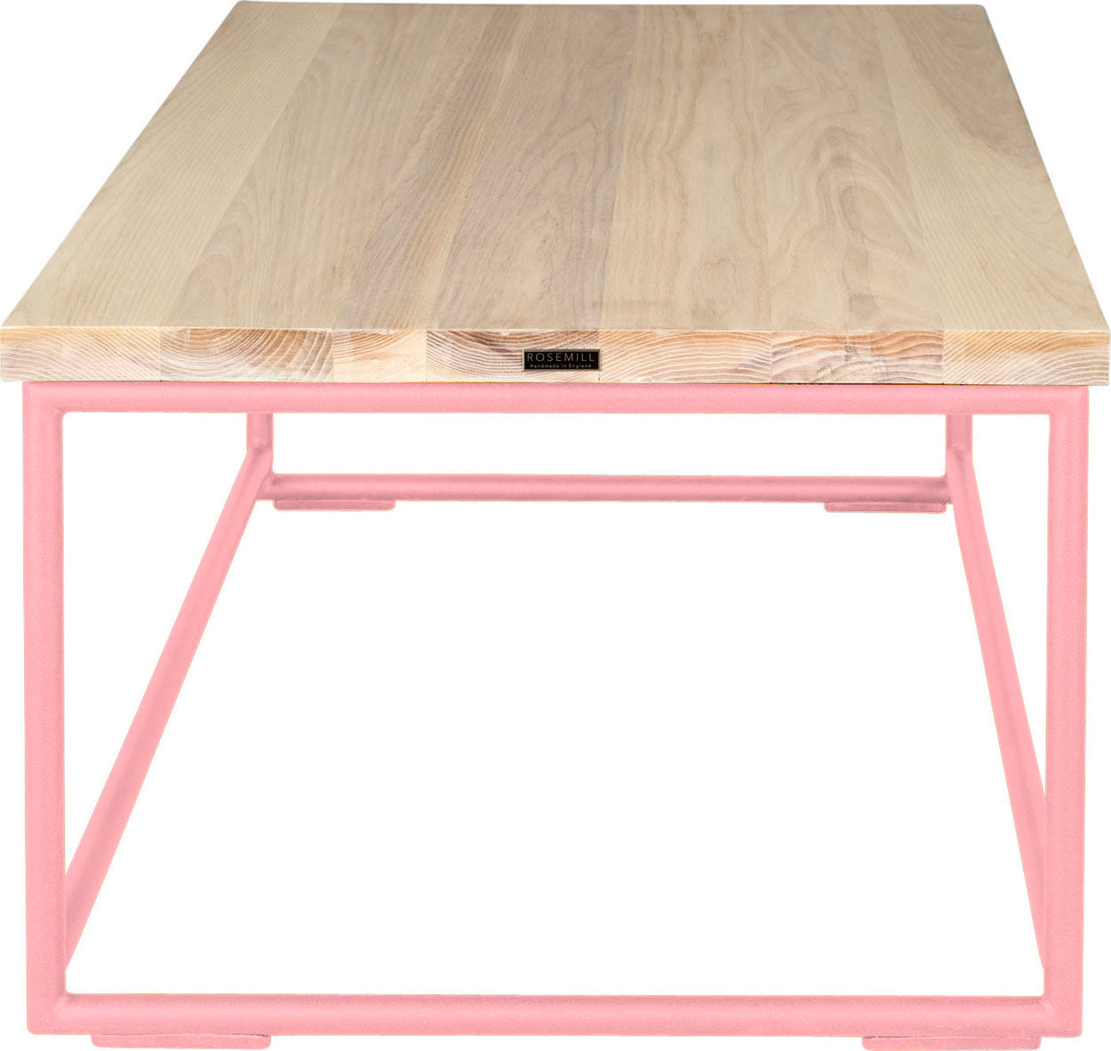 Pink metal table with whitewash stain ash wood made in UK - side view round frame