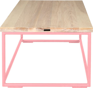 Pink metal table with whitewash stain ash wood made in UK - side view round frame
