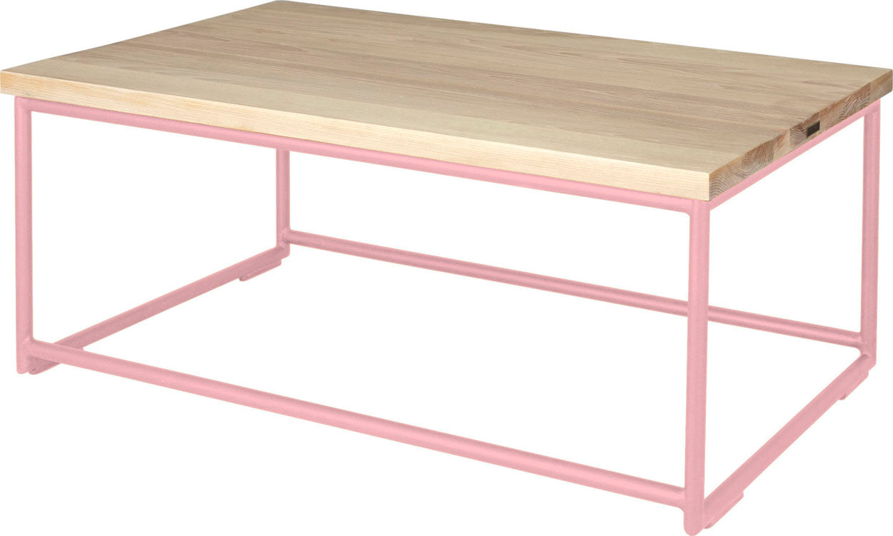 Pink metal table with whitewash stain ash wood made in UK - back side view round frame