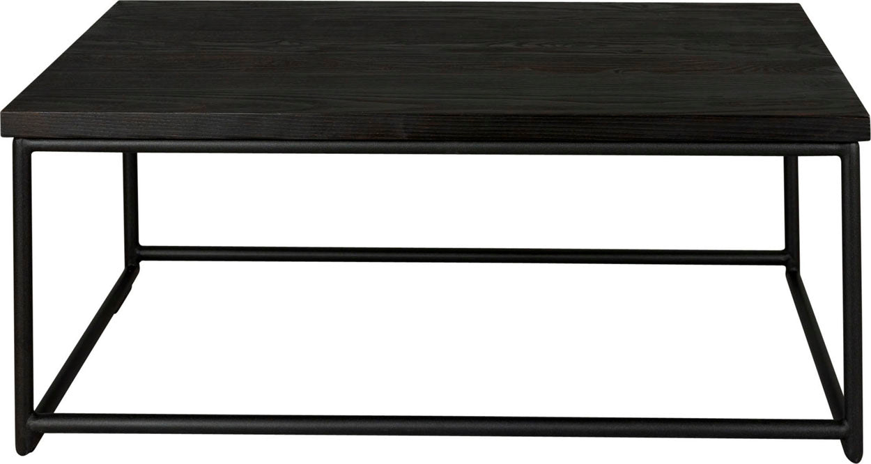 Gloss black metal table with black stain ash wood made in UK - front view round frame