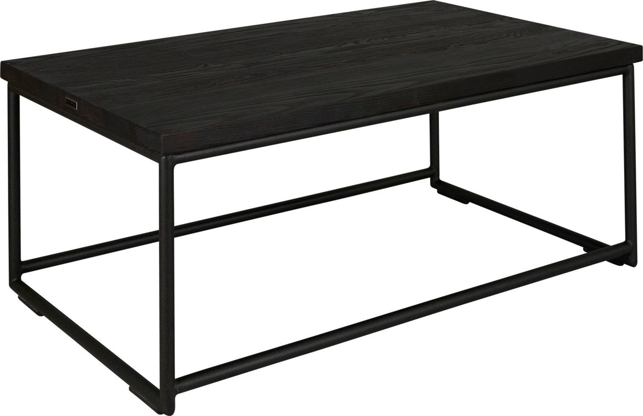 Gloss black metal table with black stain ash wood made in UK - angle view round frame