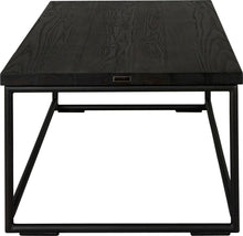 Load image into Gallery viewer, Gloss black metal table with black stain ash wood made in UK - side view round frame
