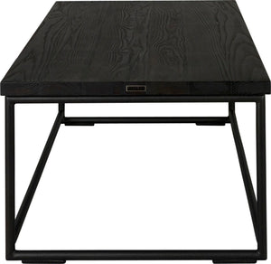 Gloss black metal table with black stain ash wood made in UK - side view round frame