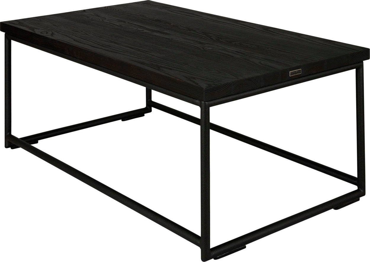 Gloss black metal table with black stain ash wood made in UK - back side view round frame