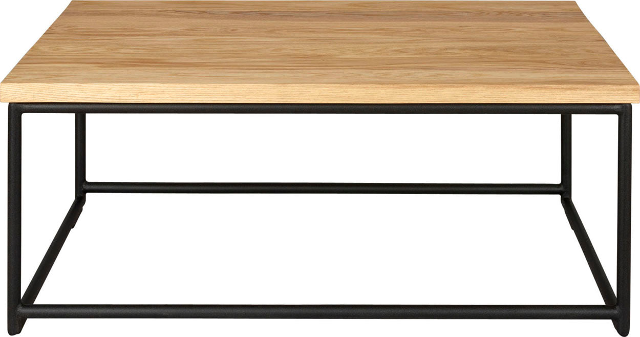 Gloss black metal table with natural stain ash wood made in UK - front view round frame